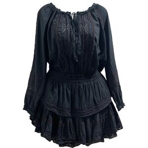 LoveShackFancy Black Cotton Dress Crochet Detail Layered Long Sleeve Size 1